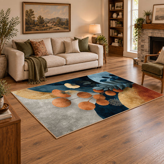 cream blue orange botanical pebble modern area rug, angled room view