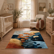 cream blue orange botanical pebble modern area rug, full pattern view