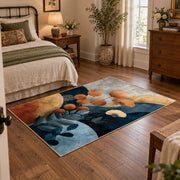 cream blue orange botanical pebble modern area rug, soft surface detail
