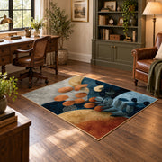 cream blue orange botanical pebble modern area rug, wood floor styling
