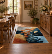 cream blue orange botanical pebble modern area rug, front room mockup