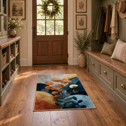 cream blue orange botanical pebble modern area rug, wide interior view