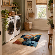 cream blue orange botanical pebble modern area rug, design detail view