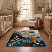 cream blue botanical circles modern abstract area rug, full pattern view
