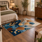 cream blue botanical circles modern abstract area rug, soft surface detail