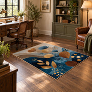 cream blue botanical circles modern abstract area rug, wood floor styling
