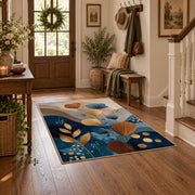 cream blue botanical circles modern abstract area rug, close decorative detail