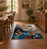 cream blue botanical circles modern abstract area rug, front room mockup