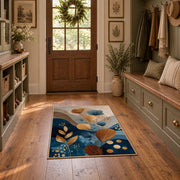 cream blue botanical circles modern abstract area rug, wide interior view