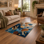 cream blue botanical circles modern abstract area rug, design detail view