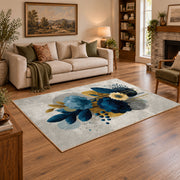 white blue gold watercolor floral bloom area rug, featured room view