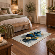 white blue gold watercolor floral bloom area rug, cozy home setting