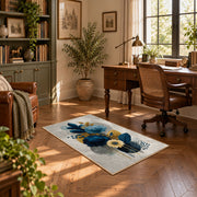 white blue gold watercolor floral bloom area rug, complete product view