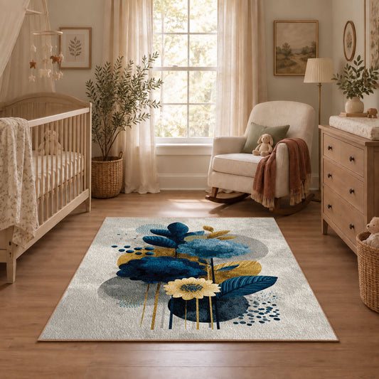 white blue gold watercolor floral bloom area rug, angled room view