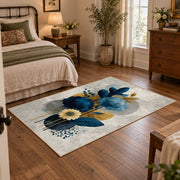 white blue gold watercolor floral bloom area rug, full pattern view