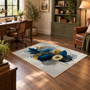 white blue gold watercolor floral bloom area rug, soft surface detail
