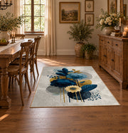 white blue gold watercolor floral bloom area rug, close decorative detail