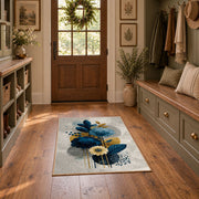 white blue gold watercolor floral bloom area rug, front room mockup
