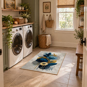 white blue gold watercolor floral bloom area rug, wide interior view