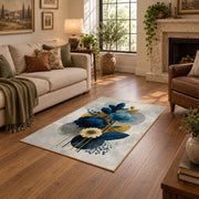 white blue gold watercolor floral bloom area rug, design detail view