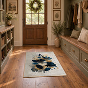 white navy blue botanical bouquet modern floral area rug, featured room view
