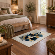 white navy blue botanical bouquet modern floral area rug, cozy home setting