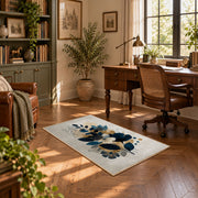 white navy blue botanical bouquet modern floral area rug, complete product view