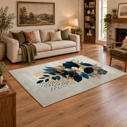 white navy blue botanical bouquet modern floral area rug, angled room view