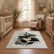 white navy blue botanical bouquet modern floral area rug, full pattern view