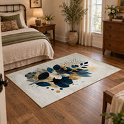 white navy blue botanical bouquet modern floral area rug, soft surface detail