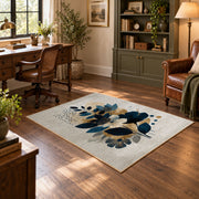 white navy blue botanical bouquet modern floral area rug, wood floor styling