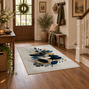 white navy blue botanical bouquet modern floral area rug, close decorative detail