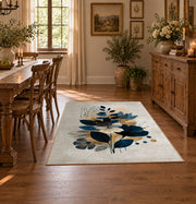 white navy blue botanical bouquet modern floral area rug, front room mockup