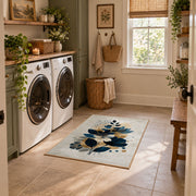 white navy blue botanical bouquet modern floral area rug, wide interior view