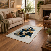 white navy blue botanical bouquet modern floral area rug, design detail view