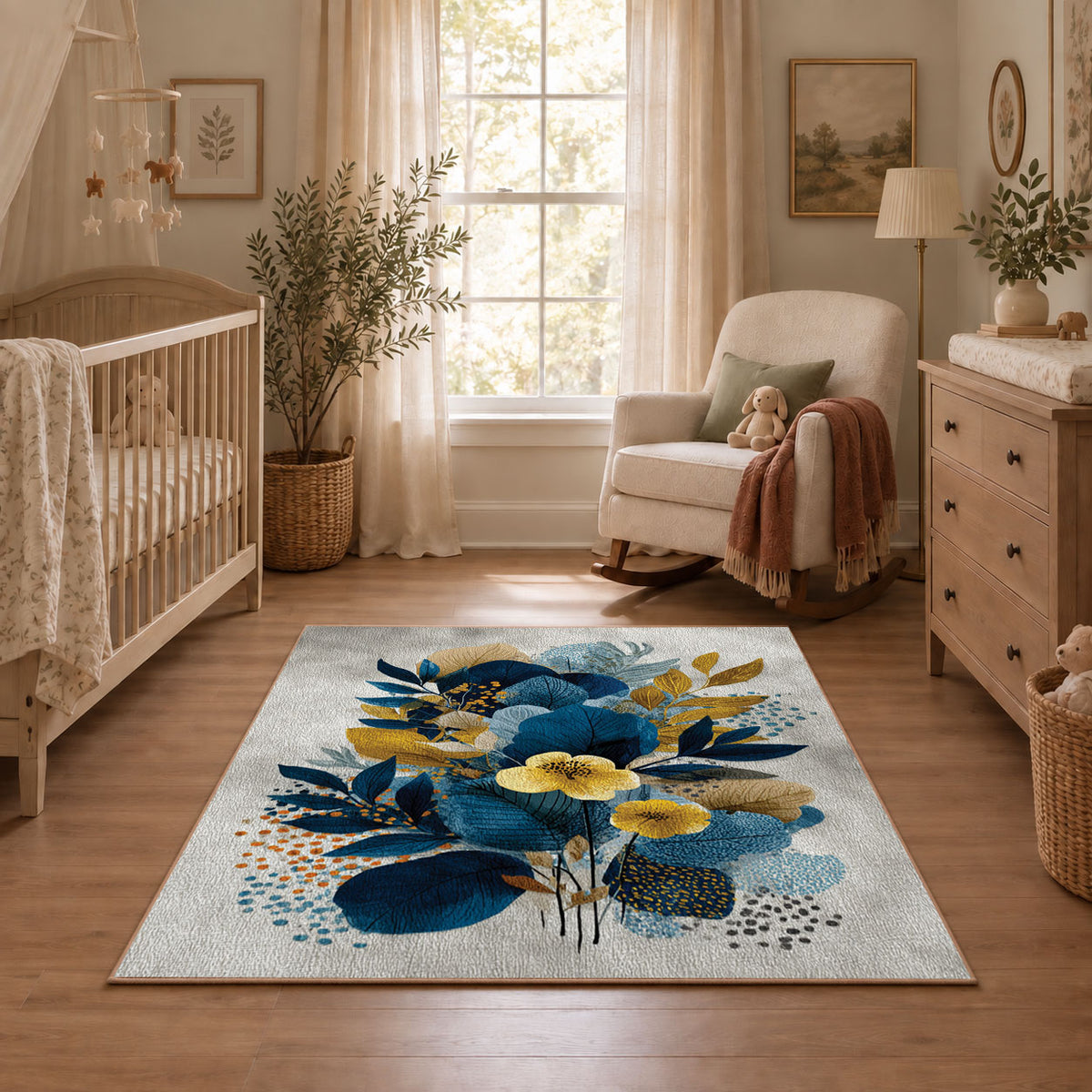 white blue yellow watercolor floral bouquet area rug, featured room view