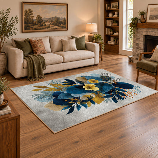 white blue yellow watercolor floral bouquet area rug, angled room view