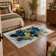 white blue yellow watercolor floral bouquet area rug, full pattern view