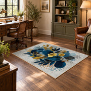 white blue yellow watercolor floral bouquet area rug, soft surface detail
