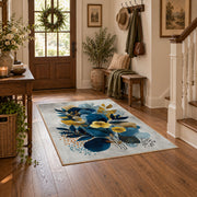 white blue yellow watercolor floral bouquet area rug, wood floor styling