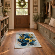 white blue yellow watercolor floral bouquet area rug, front room mockup