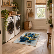 white blue yellow watercolor floral bouquet area rug, wide interior view