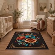 black red teal folk floral traditional border area rug, featured room view