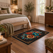 black red teal folk floral traditional border area rug, cozy home setting