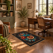 black red teal folk floral traditional border area rug, complete product view