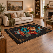 black red teal folk floral traditional border area rug, angled room view