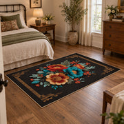 black red teal folk floral traditional border area rug, full pattern view