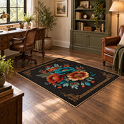 black red teal folk floral traditional border area rug, soft surface detail