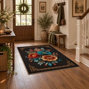 black red teal folk floral traditional border area rug, wood floor styling