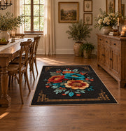 black red teal folk floral traditional border area rug, close decorative detail
